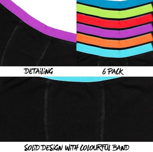 Keanu 6-Pack Boys Black & Assorted Boxer Shorts – Soft Cotton Blend With Elastic Neon Waistbands Solid & Striped Designs – Ages 5-6 7-8 9-10 11-12 13 Years