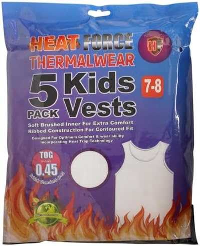 Keanu Heatforce Kids Thermal Vests - Pack Of 5 - Winter Warm 0.45 TOG Brushed Underwear - Ages 3-15 Years