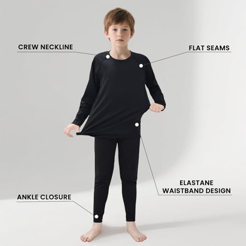 Kelvindra Base Layer Kids - Fleece Lined Skins For Boys Athletic Warm Football Skins Suit For 4~13 Age Long Sleeve Top & Bottom Kids Thermal Base Layer Set For Ski Running And Daily Life