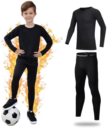 Kelvindra Base Layer Kids - Fleece Lined Skins For Boys Athletic Warm Football Skins Suit For 4~13 Age Long Sleeve Top & Bottom Kids Thermal Base Layer Set For Ski Running And Daily Life