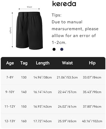 KEREDA Boys Shorts Breathable Kids Sports PE School Short Quick Dry Activewear With Pockets Drawstring For Children Football Cycling Running Training Gym 7-13 Years Black Navy