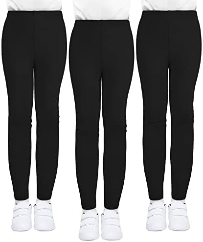 KEREDA Girls Black Leggings Kids Full Length Plain Cotton Stretchy Pants 5-13 Years 3 Packs