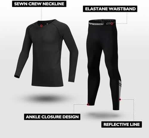 Kids Base Layer - Fleece Lined Athletic Football Skins Warm Football Skins Long Sleeve Top And Leggings Compression Set Reflective Line Thermal Underwear For Biking Ski & Running