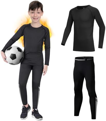 Kids Base Layer - Fleece Lined Athletic Football Skins Warm Football Skins Long Sleeve Top And Leggings Compression Set Reflective Line Thermal Underwear For Biking Ski & Running