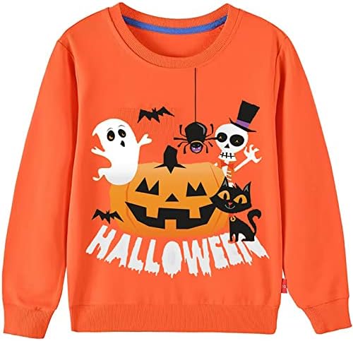 Kids Boys Girls Halloween Jumper Age 1-7 Years Dinosaur Pumpkin Skull Glow-in-The-Dark Sweatshirts Cool Little Toddlers Long Sleeve Tees Shirts Big Children Cute Crewneck 100% Cotton Tops Shirts