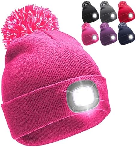 Kids Boys Girls Winter Bobble Hat with Rechargeable LED Head Torch Light 6 Colours