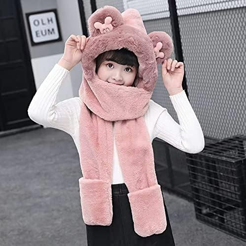 Kids Cartoon 3 In 1 Hat Scarf Gloves Set Winter Warm Imitation Rabbit Fur Hoodie Hat Full Hood Cap Thicken Thermal Beanie Hat Scarves Neck Warmer Xmas Gifts For Boys And Girls 5-12 Years