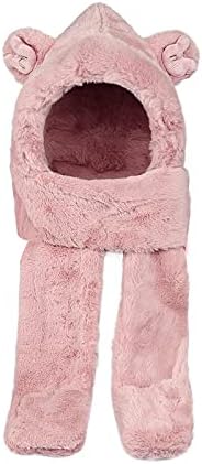 Kids Cartoon 3 In 1 Hat Scarf Gloves Set Winter Warm Imitation Rabbit Fur Hoodie Hat Full Hood Cap Thicken Thermal Beanie Hat Scarves Neck Warmer Xmas Gifts For Boys And Girls 5-12 Years