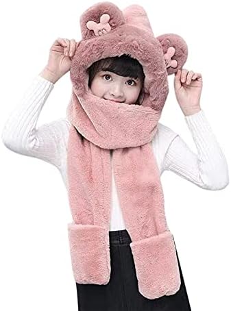 Kids Cartoon 3 in 1 Hat Scarf Gloves Set Winter Warm Imitation Rabbit Fur Hoodie Hat Full Hood Cap Thicken Thermal Beanie Hat Scarves Neck Warmer Xmas Gifts for Boys and Girls 5-12 Years