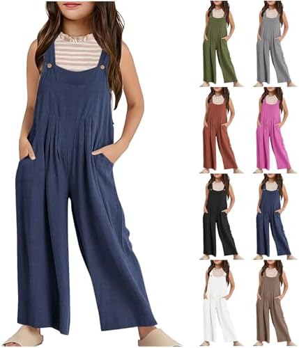 Kids Girls Wide Strap Casual Dungarees Sleeveless Wide Leg Long Jumpsuits Youth Teen Summer Loose Romper with Pockets Teen Girl Solid Wide Strap Wide Leg Dungarees