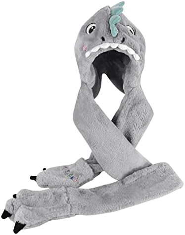 Kids Hat Gloves Scarf 3 In 1 Set Winter Plush Cartoon Dinosaur Hoodie Gloves Pocket Warm Earflap Full Hood Hats Long Scarf Shawl Wraps Mittens Grey Green For Girls Boys Age 3-8 Birthday Gift