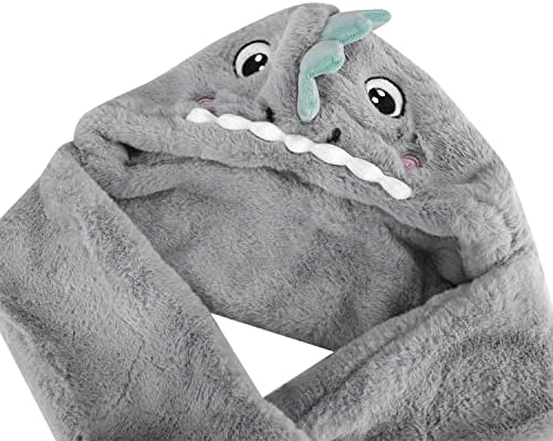Kids Hat Gloves Scarf 3 In 1 Set Winter Plush Cartoon Dinosaur Hoodie Gloves Pocket Warm Earflap Full Hood Hats Long Scarf Shawl Wraps Mittens Grey Green For Girls Boys Age 3-8 Birthday Gift