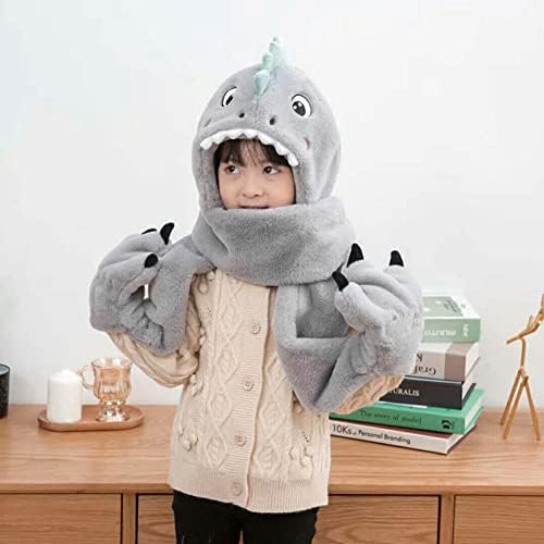 Kids Hat Gloves Scarf 3 In 1 Set Winter Plush Cartoon Dinosaur Hoodie Gloves Pocket Warm Earflap Full Hood Hats Long Scarf Shawl Wraps Mittens Grey Green For Girls Boys Age 3-8 Birthday Gift