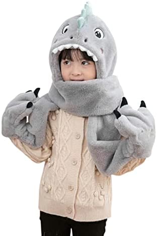 Kids Hat Gloves Scarf 3 In 1 Set Winter Plush Cartoon Dinosaur Hoodie Gloves Pocket Warm Earflap Full Hood Hats Long Scarf Shawl Wraps Mittens Grey Green for Girls Boys Age 3-8 Birthday Gift