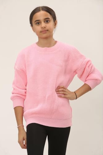 Kids Jumpers Boys Girls UK Childrens Knitted Round Neck Long Sleeve Top Chunky Casual Fashion Plain Sweater Ribbed Cuff Fisherman Winter Warm Unisex Pullover Ages 7-13yr