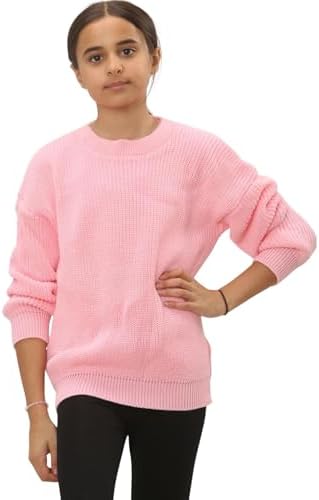 Kids Jumpers Boys Girls UK Childrens Knitted Round Neck Long Sleeve Top Chunky Casual Fashion Plain Sweater Ribbed Cuff Fisherman Winter Warm Unisex Pullover Ages 7-13yr