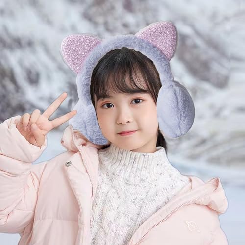 Kids Lovely Cat Winter Earmuffs Soft Plush Ear Warmers With Glittering Cat Ears Cute Warm Ear Flaps Cartoon Furry Ear Covers Fluffy Faux Fur Ear Muffs For Boy Girls 5+ Years Outdoor Xmas Birthday Gift