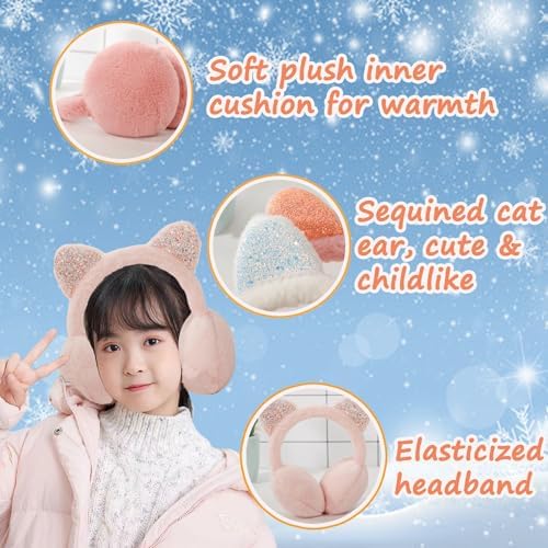 Kids Lovely Cat Winter Earmuffs Soft Plush Ear Warmers With Glittering Cat Ears Cute Warm Ear Flaps Cartoon Furry Ear Covers Fluffy Faux Fur Ear Muffs For Boy Girls 5+ Years Outdoor Xmas Birthday Gift