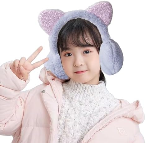 Kids Lovely Cat Winter Earmuffs Soft Plush Ear Warmers with Glittering Cat Ears Cute Warm Ear Flaps Cartoon Furry Ear Covers Fluffy Faux Fur Ear Muffs for Boy Girls 5+ Years Outdoor Xmas Birthday Gift