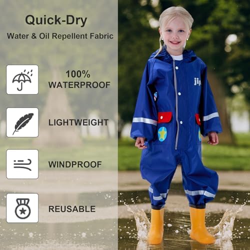 Kids Raincoats Girls Boys Puddle Suit Waterproof All In One Rainsuit Children Hooded Rain Coat Cute Cartoon Rainsuit Muddy Suit Reusable Rain Jacket Rainwear 1-10 Years