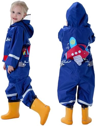 Kids Raincoats Girls Boys Puddle Suit Waterproof All In One Rainsuit Children Hooded Rain Coat Cute Cartoon Rainsuit Muddy Suit Reusable Rain Jacket Rainwear 1-10 Years