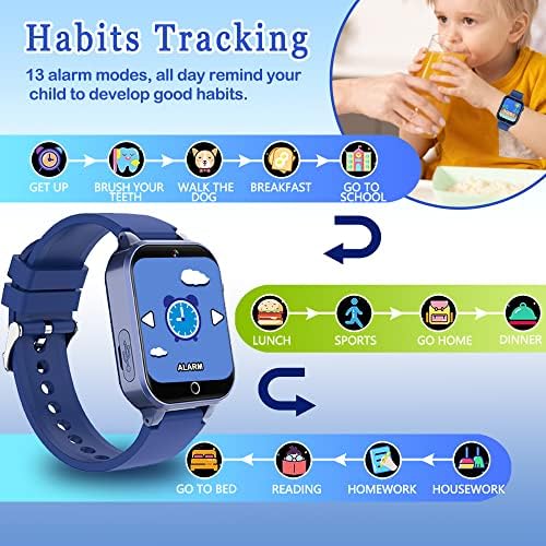Kids Smart Watch For Boys Girls With 14 Puzzle Games 20+ Sport Modes HD Touchscreen Camera Video Music Counter Pedometer Flashlight Alarm Educational Toy For 4-12Y Birthday Gifts (Blue-2)