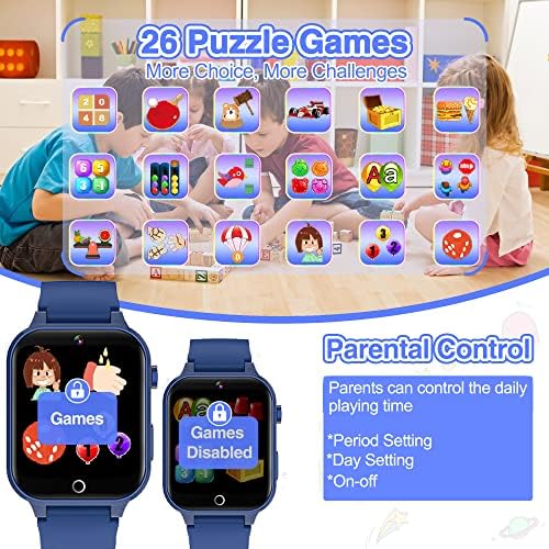 Kids Smart Watch For Boys Girls With 14 Puzzle Games 20+ Sport Modes HD Touchscreen Camera Video Music Counter Pedometer Flashlight Alarm Educational Toy For 4-12Y Birthday Gifts (Blue-2)