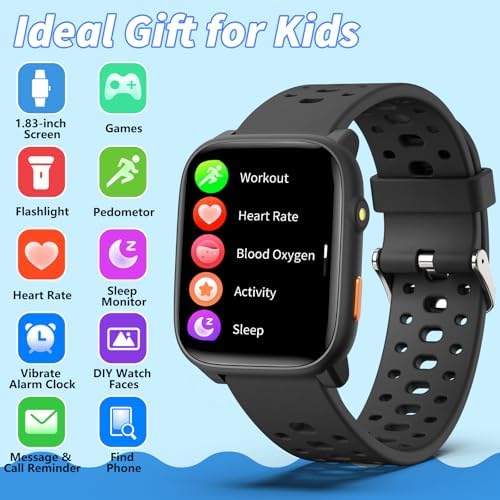 Kids Smart Watch With Puzzle Games 1.83" Kids Watches Heart Rate Sleep Monitor Pedometer Alarm Clock Flashlight Gift For 6-16 Year Old Boys Girls Toys