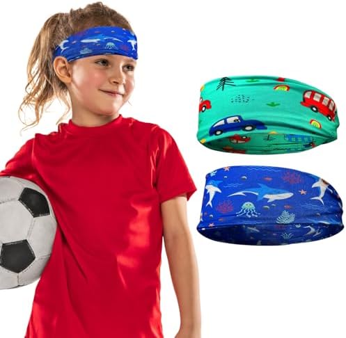 Kids Sports Headband 2 Pcs Boys Headband Elasticity Boys Hair Band Sweat Absorbing Sports Headbands for Boys Kids Headbands for Basketball Football Hair Sweat