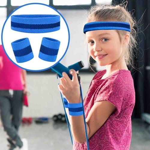 Kids Sweatbands Headband Wristband Set - Athletic Cotton Sweat Band For Sports - Ultimate Sweat-Absorbing 3-piece Set (1 Headband + 2 Wristbands)