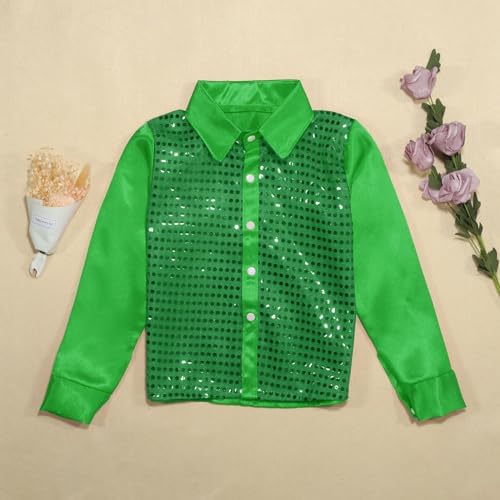 Kids T-Shirt Kids Girls Sparkly Sequins Dance Top Boys Long Sleeve Button Down Shirt For Jazz Dance Performance Costume