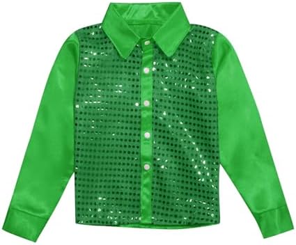 Kids T-Shirt Kids Girls Sparkly Sequins Dance Top Boys Long Sleeve Button Down Shirt for Jazz Dance Performance Costume