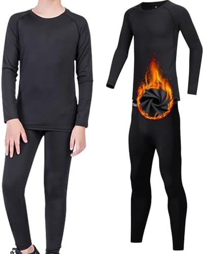 Kids Thermal Base Layer Set Felt Lined Compression Long Sleeve Shirt And Long Johns For Boys Girls Winter Gym Sport Warm