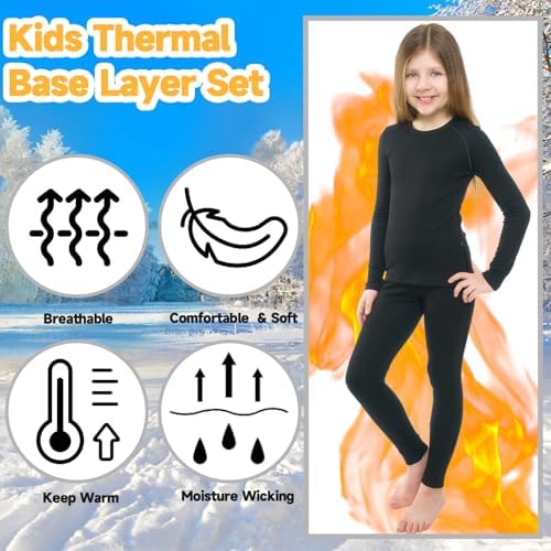 Kids Thermal Base Layer Set Quick Dry Velvet Lined Compression Long Sleeve Tops And Leggings For Boys Girls Winter Warm Soft Athletic Stretch Underwear For Football Biking Ski Running