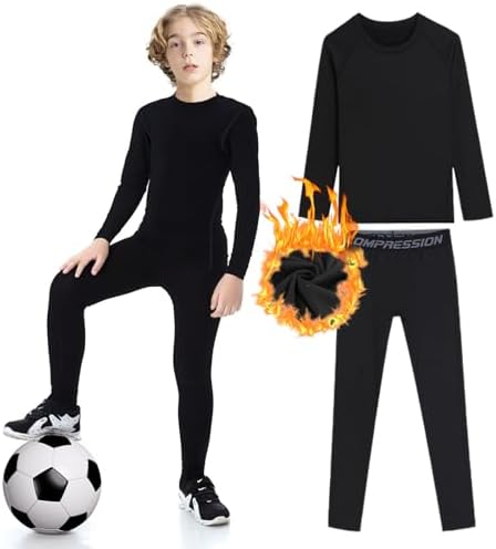 Kids Thermal Base Layer Set Quick Dry Velvet Lined Compression Long Sleeve Tops And Leggings For Boys Girls Winter Warm Soft Athletic Stretch Underwear For Football Biking Ski Running