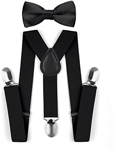 Kids Toddler Adjustable Elastic Fashion Suspenders Bow Tie Necktie Set (Black)