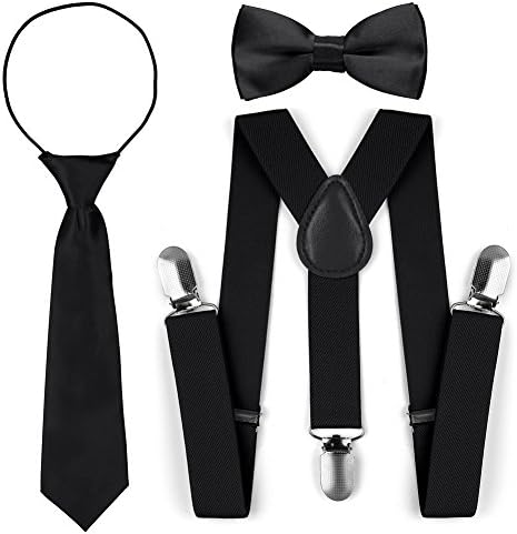 Kids Toddler Adjustable Elastic Fashion Suspenders Bow Tie Necktie Set (Black)