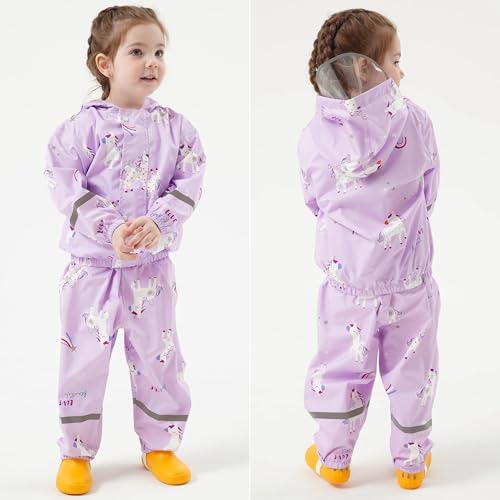 Kids Waterproof Suit Raincoat & Waterproof Trousers 2-Piece Rain Suit Set Girls Rain Jacket And Rain Trousers Toddler Cartoon Printed Puddle Suit For 1-7 Years