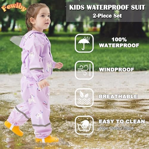 Kids Waterproof Suit Raincoat & Waterproof Trousers 2-Piece Rain Suit Set Girls Rain Jacket And Rain Trousers Toddler Cartoon Printed Puddle Suit For 1-7 Years