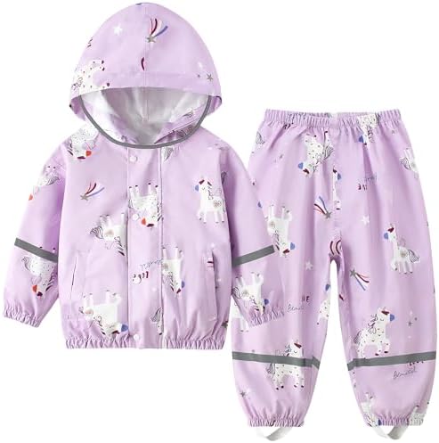 Kids Waterproof Suit Raincoat & Waterproof Trousers 2-Piece Rain Suit Set Girls Rain Jacket and Rain Trousers Toddler Cartoon Printed Puddle Suit for 1-7 Years