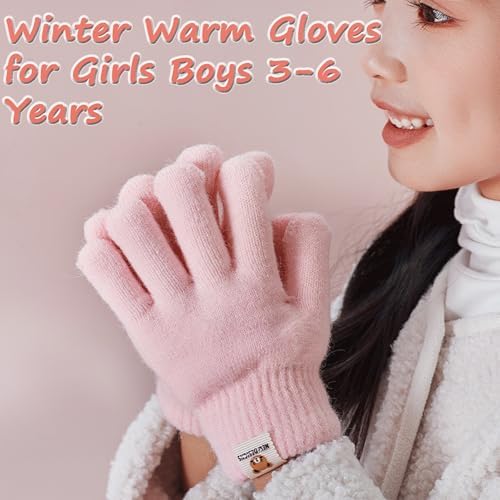 Kids Winter Knitted Gloves Thermal Full Finger Gloves Warm Fleece Lined Gloves For Girls Boys 3-6 Years Stretchy Warm Gloves Fluffy Kids Five Fingers Gloves Kids Knit Gloves For Winter Outdoor School