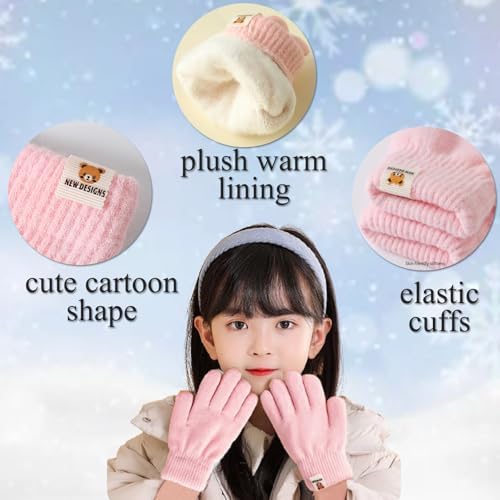 Kids Winter Knitted Gloves Thermal Full Finger Gloves Warm Fleece Lined Gloves For Girls Boys 3-6 Years Stretchy Warm Gloves Fluffy Kids Five Fingers Gloves Kids Knit Gloves For Winter Outdoor School