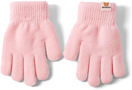Kids Winter Knitted Gloves Thermal Full Finger Gloves Warm Fleece Lined Gloves for Girls Boys 3-6 Years Stretchy Warm Gloves Fluffy Kids Five Fingers Gloves Kids Knit Gloves for Winter Outdoor School