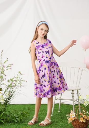 Kids4ever Girls Dresses Sleeveless Sundress 3D Print Round Neck A-line Swing Pleated Dress Mermaid Galaxy Party Princess Birthday Dress 4-12 Years