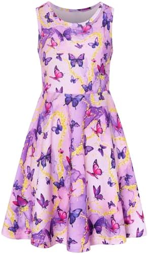 Kids4ever Girls Dresses Sleeveless Sundress 3D Print Round Neck A-line Swing Pleated Dress Mermaid Galaxy Party Princess Birthday Dress 4-12 Years