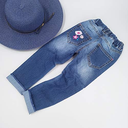 KIDSCOOL SPACE Little Girl Embroidered Jeans Big Girls Elastic Waist Denim Bottom Trousers