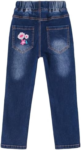 KIDSCOOL SPACE Little Girl Embroidered Jeans Big Girls Elastic Waist Denim Bottom Trousers
