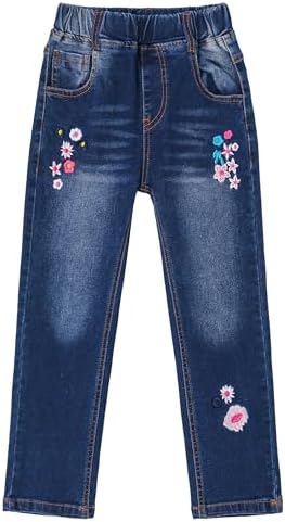 KIDSCOOL SPACE Little Girl Embroidered Jeans Big Girls Elastic Waist Denim Bottom Trousers