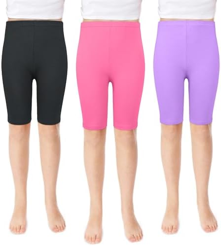 KOOOGEAR 3 Pack Girls Cycling Shorts Kids Cotton Stretchable Breathable Summer Shorts Leggings Over Knee Half Length PE Dance Cycle Gymnastic Short Under Dress Short for Girls Age 5-12