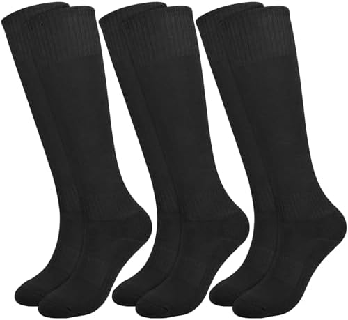 KOOOGEAR 3 Pairs Kids Football Socks Black White Long Sports Sock Youth Comfortable Cushioned Trainer Socks for Hockey Football Rugby 5-12 Years